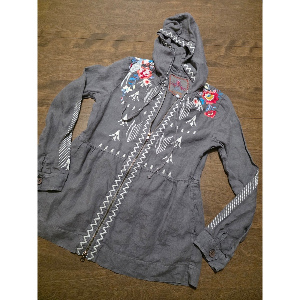 JW Los Angeles Johnny Was Linen Embroidered Floral Bird Zip Hoodie Jacket XS